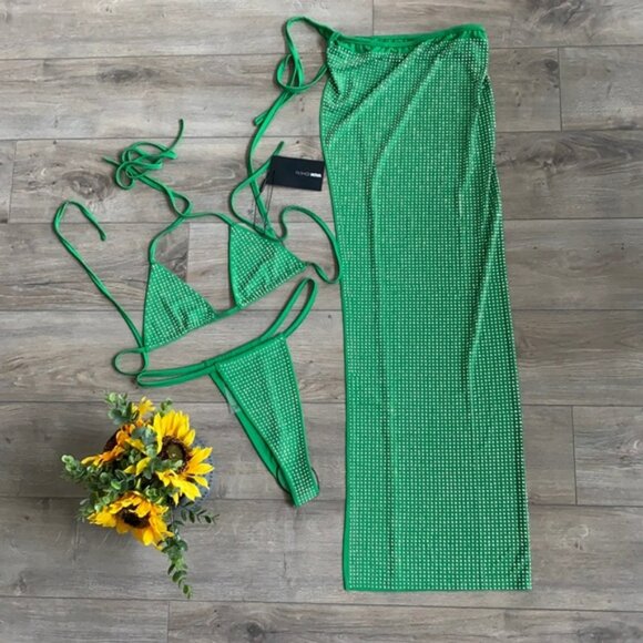 NWT FASHION NOVA GREEN RHINESTONE 3 PIECE SWIMSUIT - Picture 1 of 4